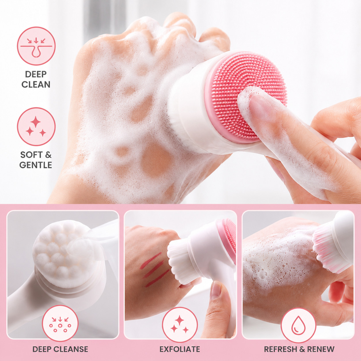 2 in 1 Facial Cleansing Brush Soft Bristle & Silicone Face Scrubber Deep Clean