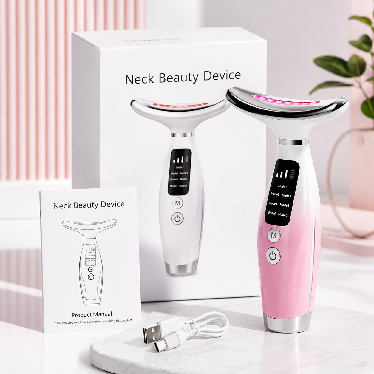 Rechargeable Face & Neck Beauty Device 7 Modes LED Massage Skin Care Tool USB