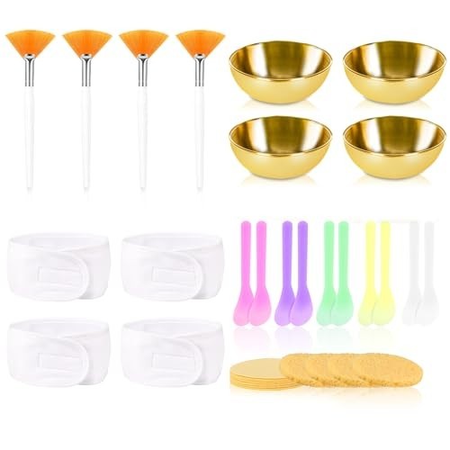 34 Pcs Facial Supplies Set: Gold Bowls, Mud Mask Applicators, Brushes & Sponges