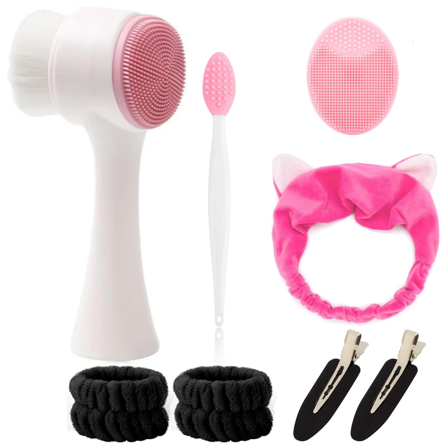 Tecerrity Facial Cleansing Brush Set- 8Pcs Face Washing Daily Tools Pink