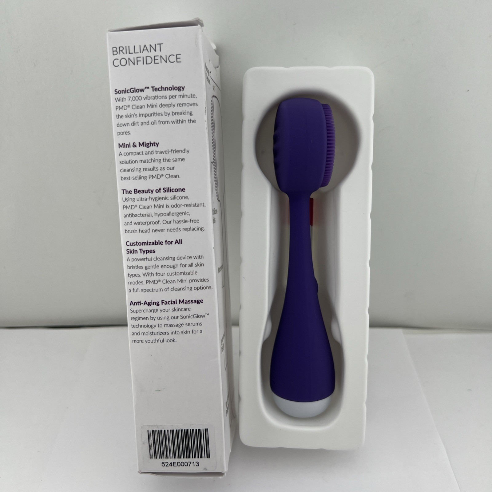 Clean MINI Smart Facial Cleansing Device PURPLE w/ Silicone Brush Side &Battery
