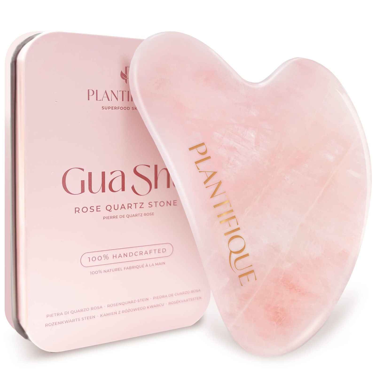 PLANTIFIQUE Gua Sha Rose Quartz Tool for Face Anti Aging Massage Pink