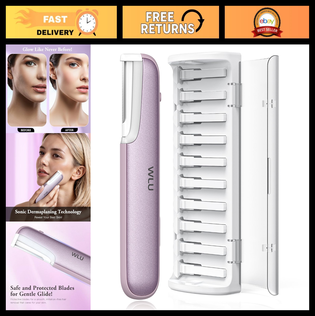 Sonic Dermaplaning Tool for Facial Exfoliation & Peach Fuzz Removal – 10 Blades