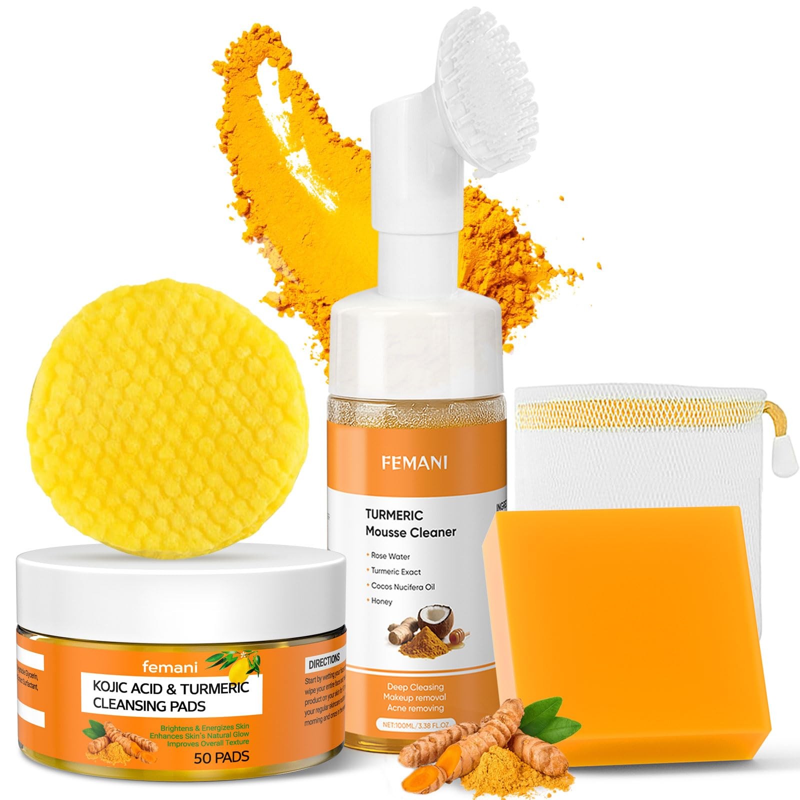 Turmeric Cleansing Pads 50 Pcs+Turmeric Soap Bar+Turmeric Face Wash 3 packs