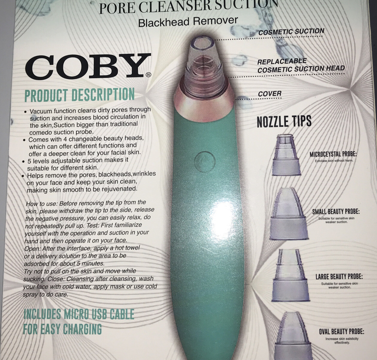 Coby Pore Cleanser Suction Blackhead Remover Adjustable Suction & Heads 5pc Set