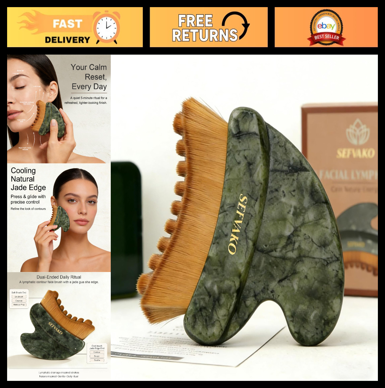 Lymphatic Drainage Face Brush & Jade Gua Sha Tool Set, Dual-Ended, Ultra-Soft Br
