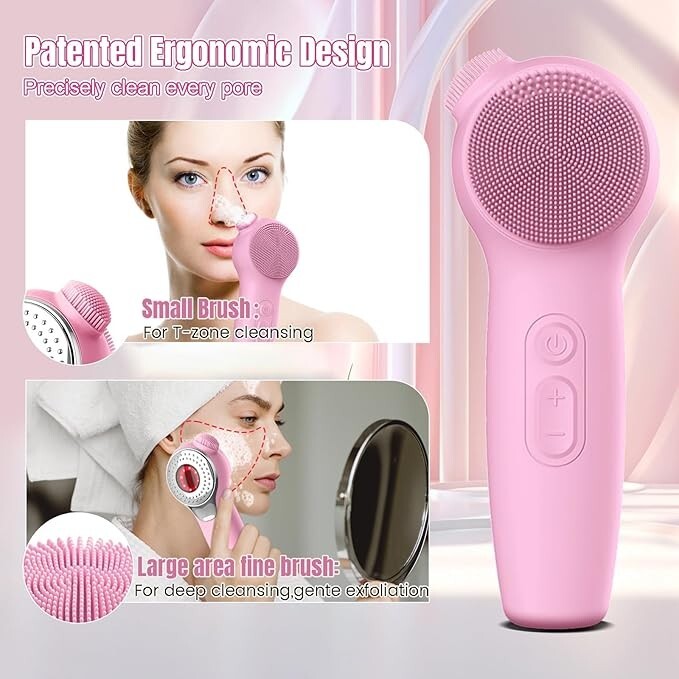 Silicone Face Scrubber, Waterproof Facial Cleansing Brush Red Light Massager