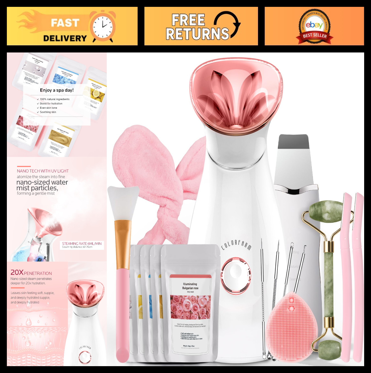 Nano Ionic Facial Steamer Spa Kit – Deep Cleansing Home Skincare Set with 17 Too