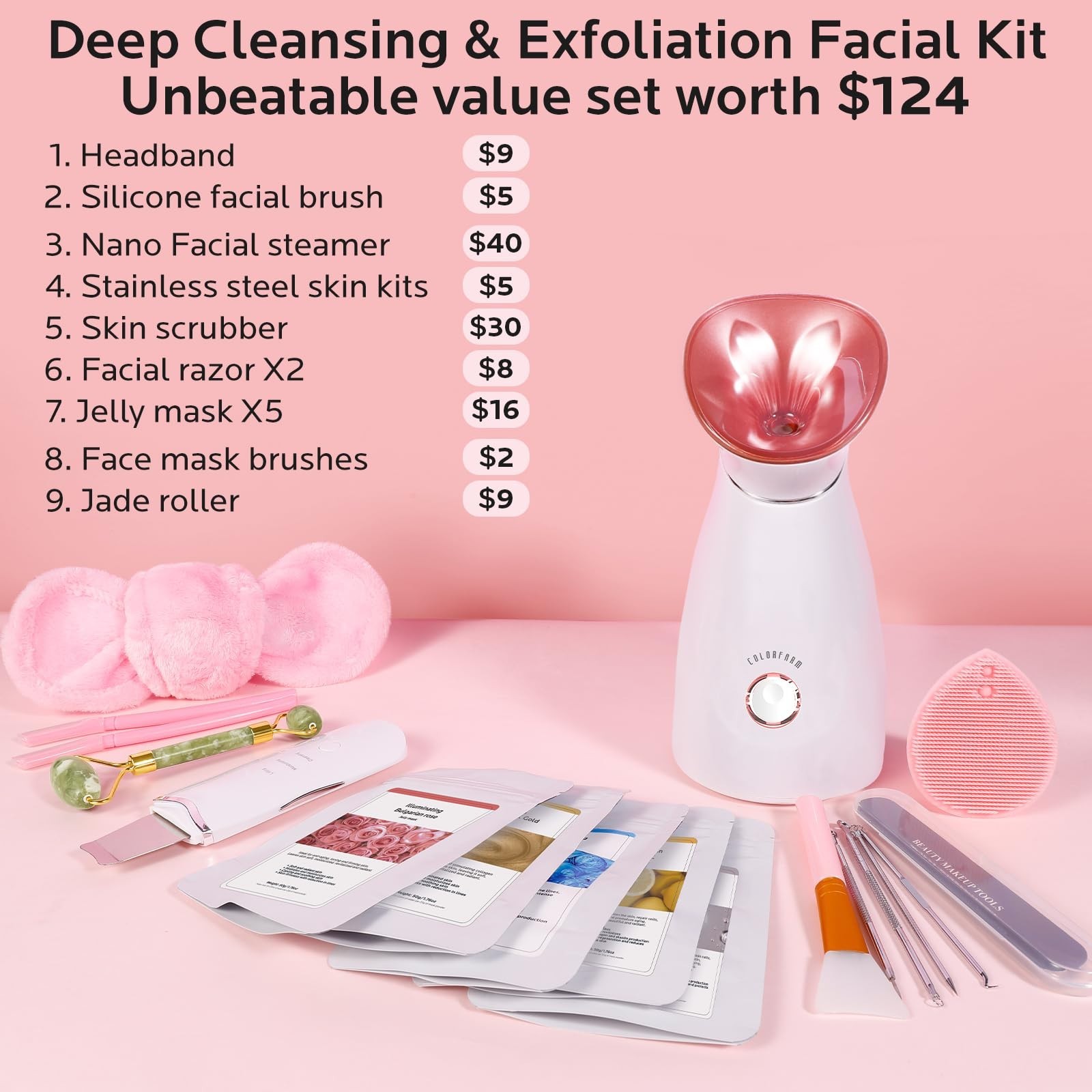 Nano Ionic Facial Steamer Spa Kit – Deep Cleansing Home Skincare Set with 17 Too
