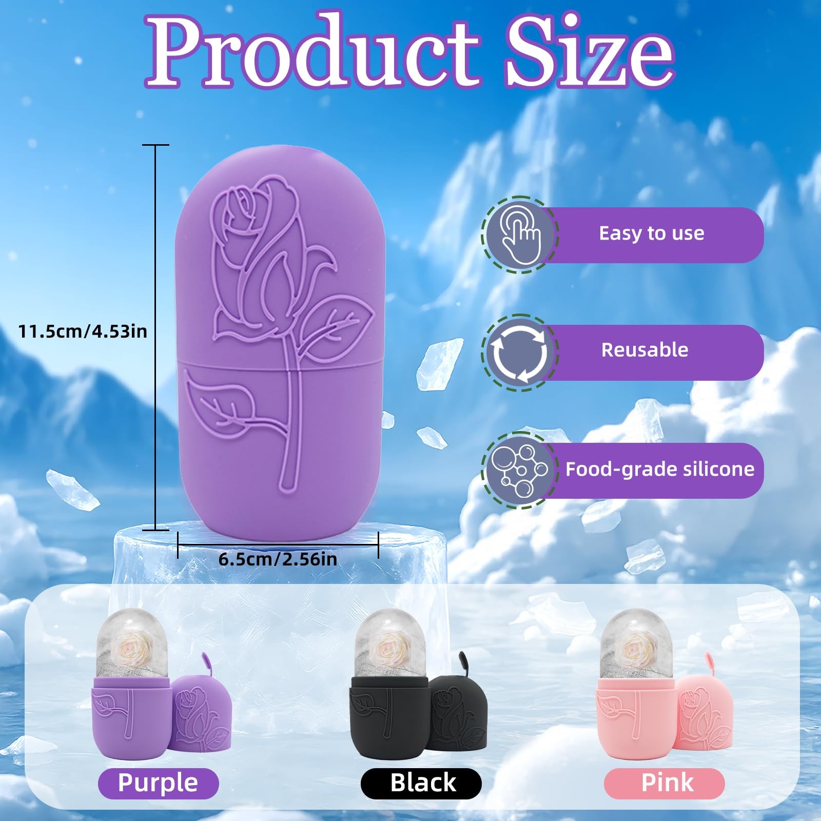 Ice Face Roller Massager for Face, Reusable Silicone Cube Mold, Black