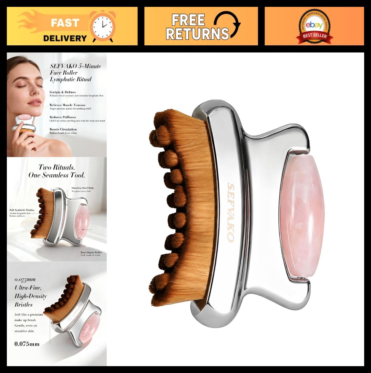 2-in-1 Lymphatic Drainage Face Brush & Rose Quartz Roller – Sculpting Tool for P