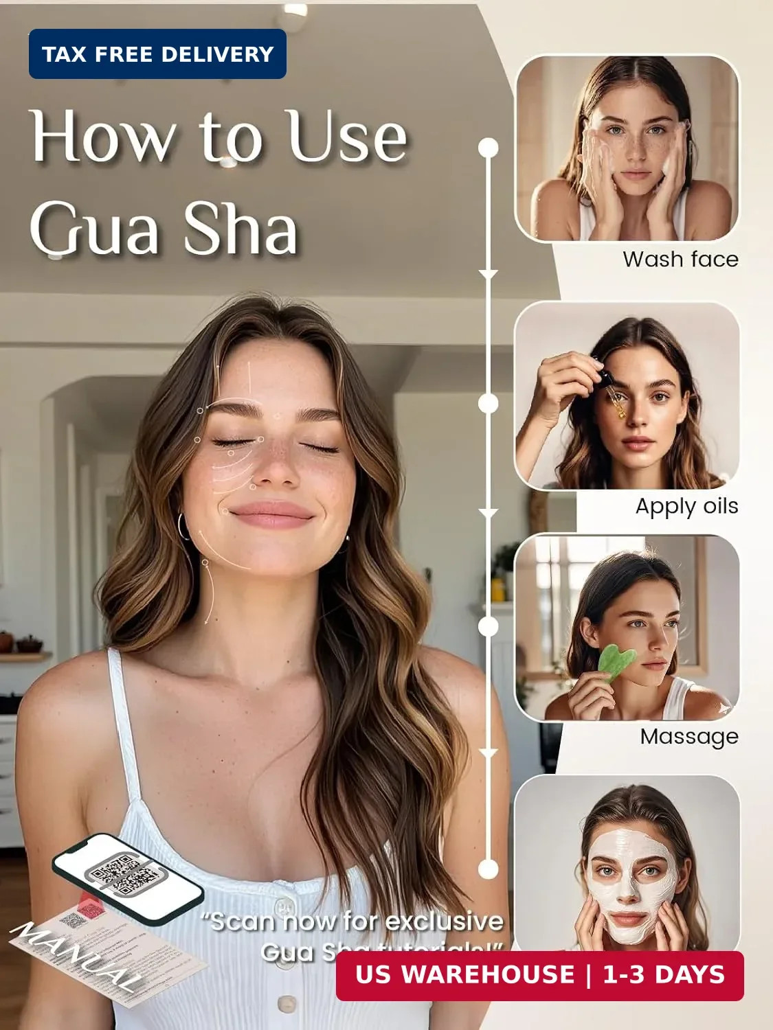 Rena Chris Gua Sha Facial Tools: Natural Jade Stone Guasha Tool for Face Acupunc