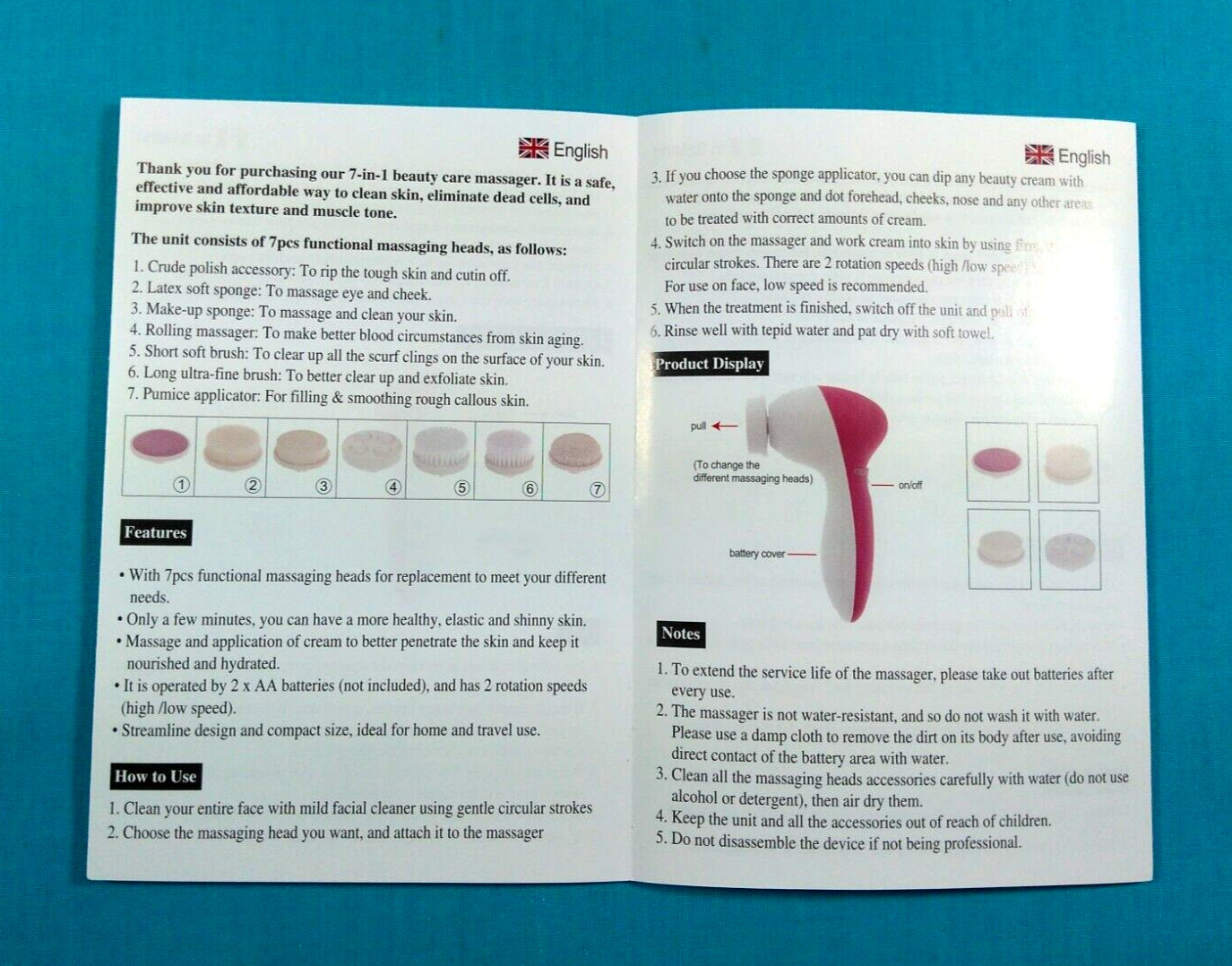 NIB~PIXNOR P2016 Facial Brush 7 in 1 Facial Massager~ Clean Face Cleansing Heads