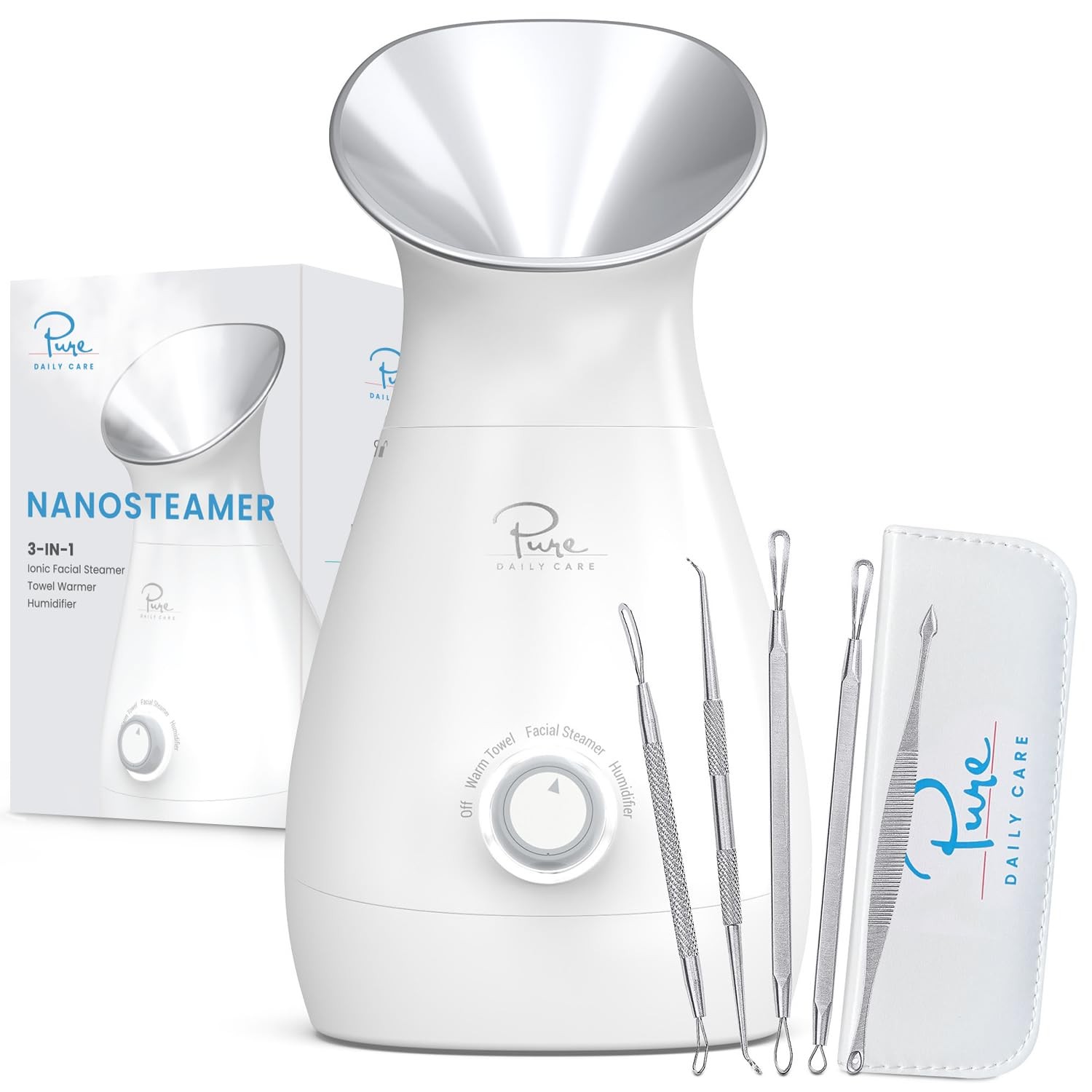 Nano Ionic 3in1 Facial Steamer Unclog Pores, Hydrate Skin, Spa Kit Incl.