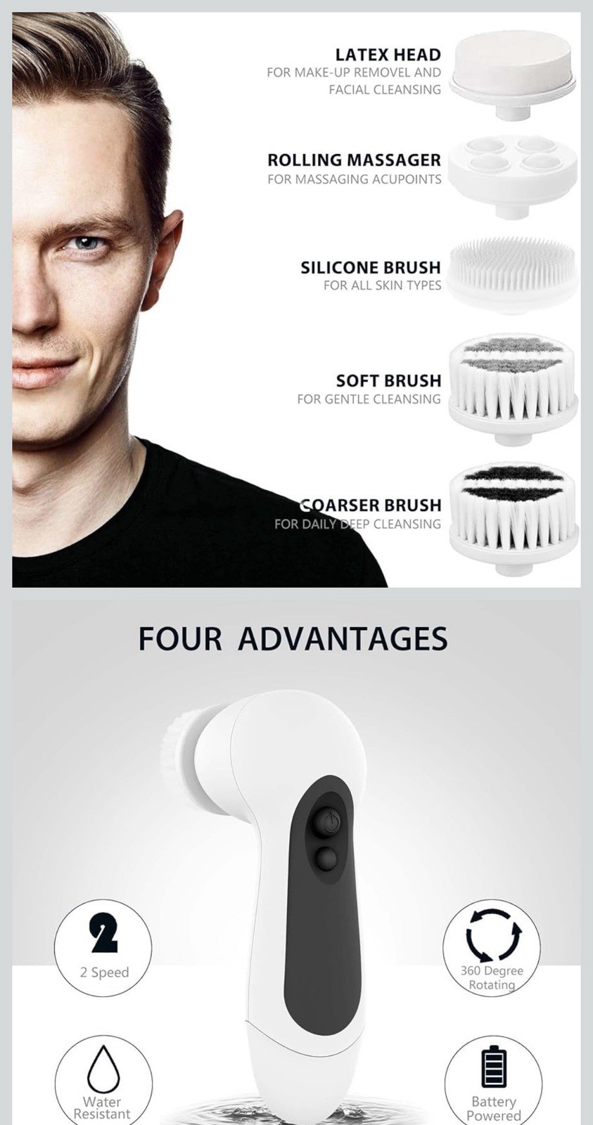 Waterproof Facial Cleansing Spin Brush Set with 5 Exfoliating Brush Heads – Elec