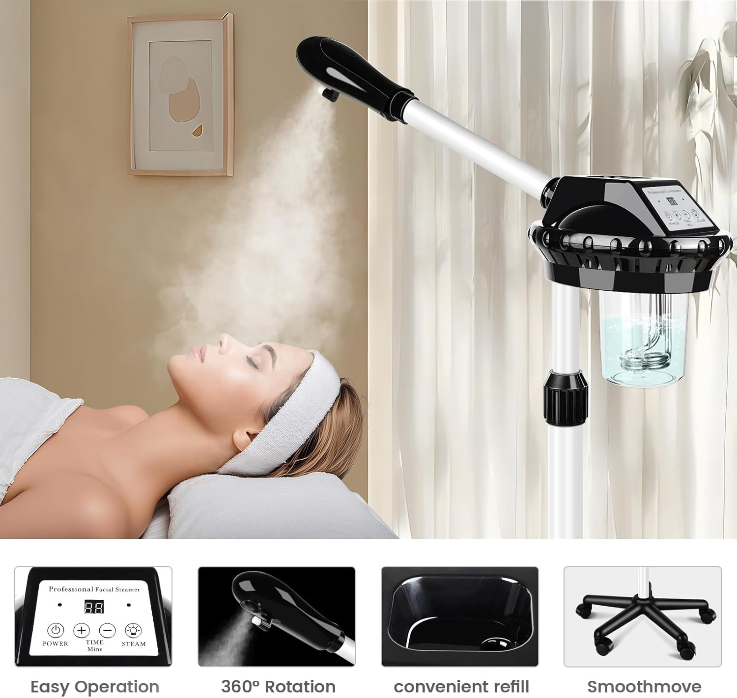 Professional Facial Steamer, Stand on Wheels Face Steamer, SPA Ozone Nano Steame