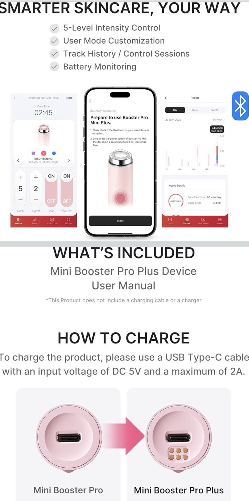 medicube Booster Pro mini Plus Facial Massager White 3 Modes 5 Speeds BT
