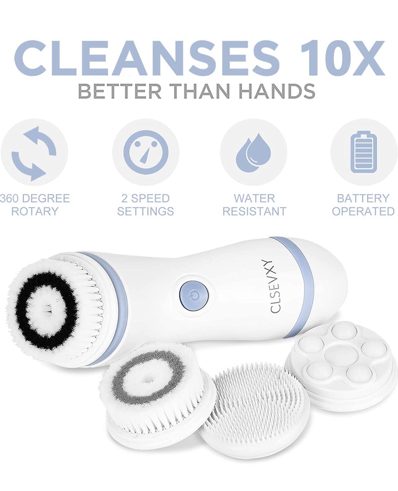 Water-Resistant Facial Cleansing Spin Brush Set w/4 Interchangeable Brush Heads