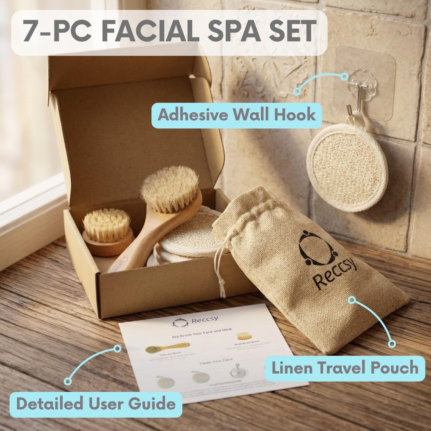 Reccsy Face Brush Set – Soft Natural Bristle Facial Dry for Brown