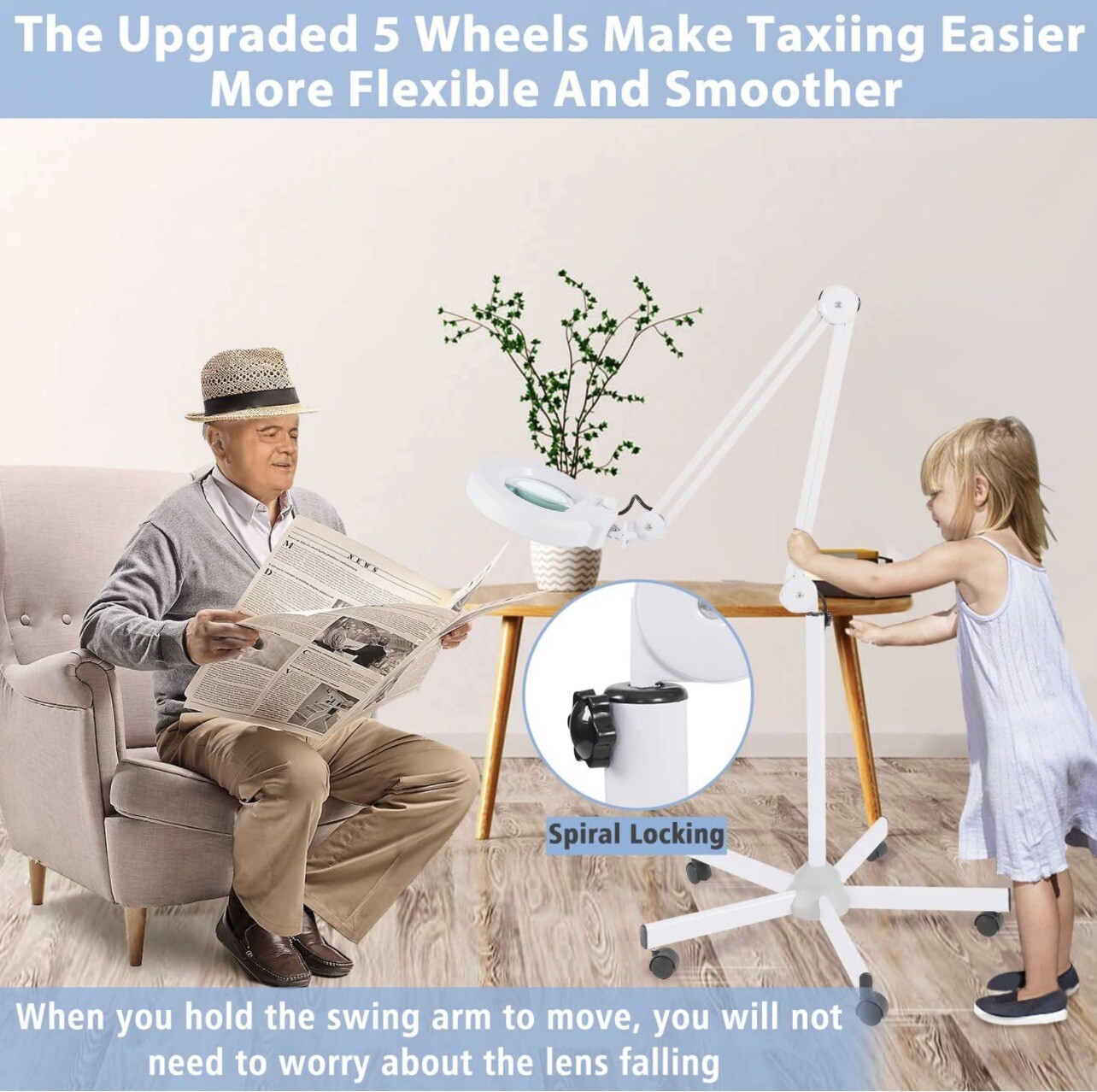 Magnifying Floor lamp with 5 Wheels Rolling Base for Estheticians, Lash techinic
