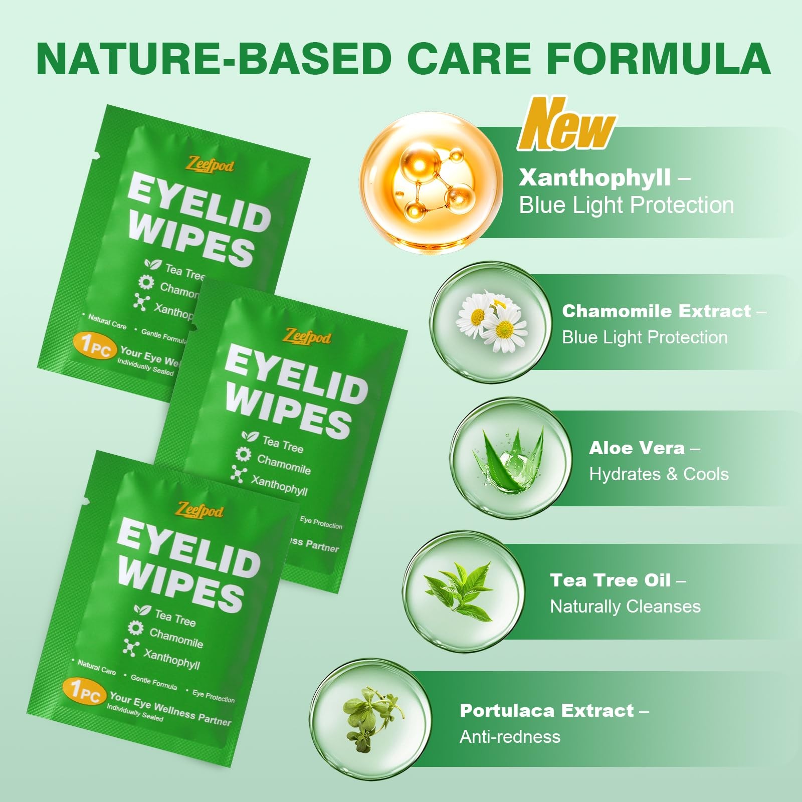60PCS Tea Tree Oil Eyelid Wipes – Individually 1 Count (Pack of 60), Greeb