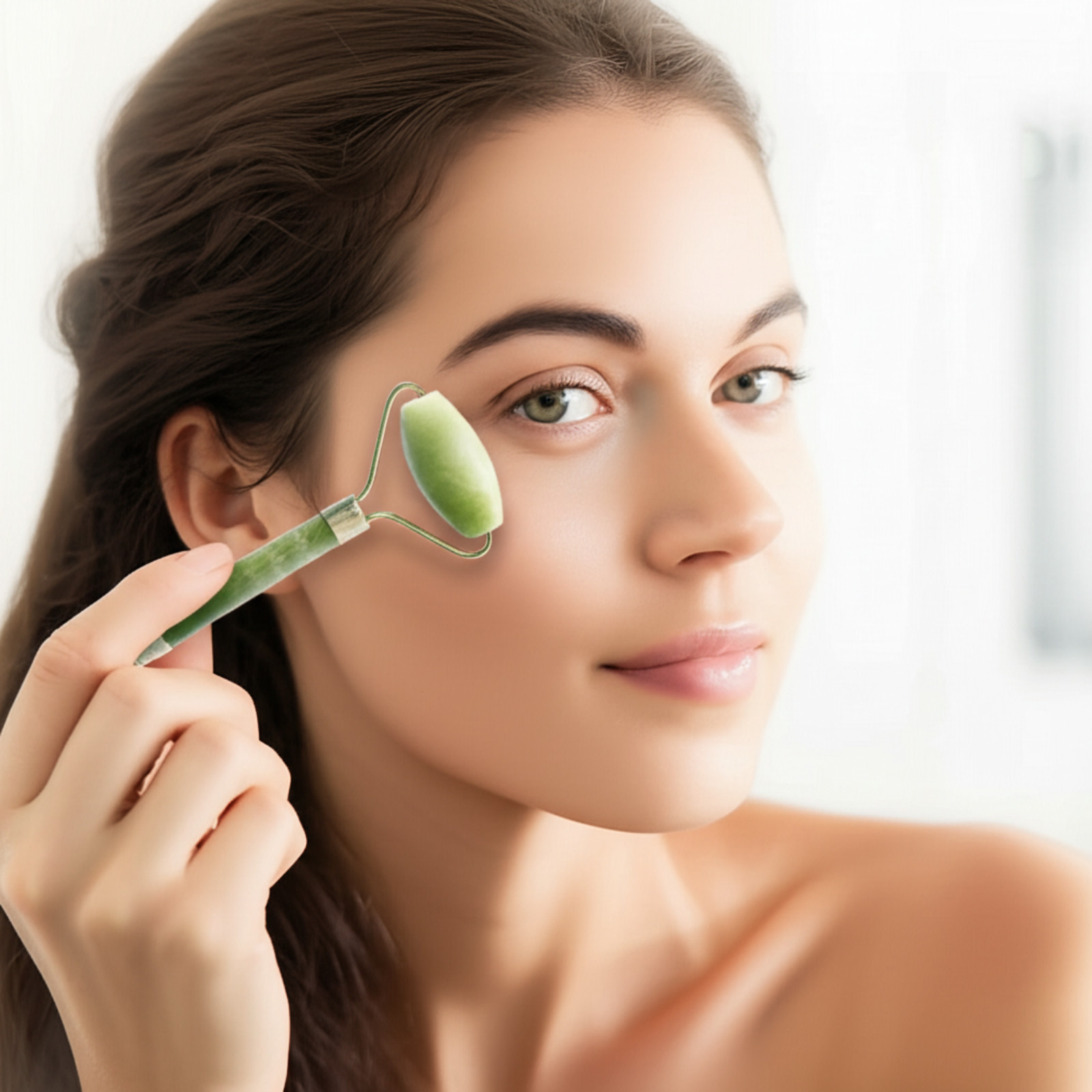 Natural Real Jade Facial Roller – Light Green Stone, Cooling Massage