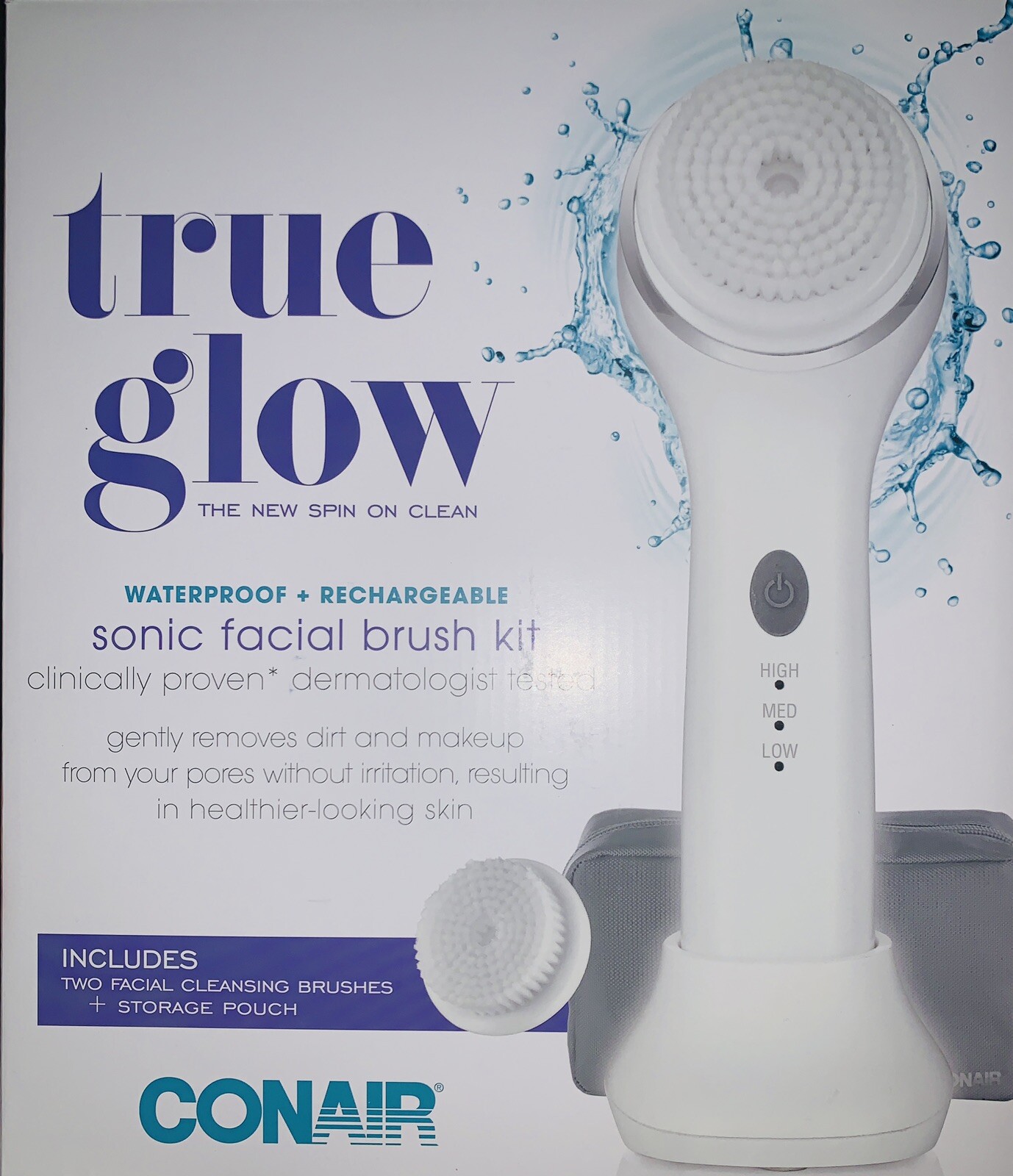 True Glow by Conair Waterproof+Rechargeable Facial Brush with UV Sterilizer NEW