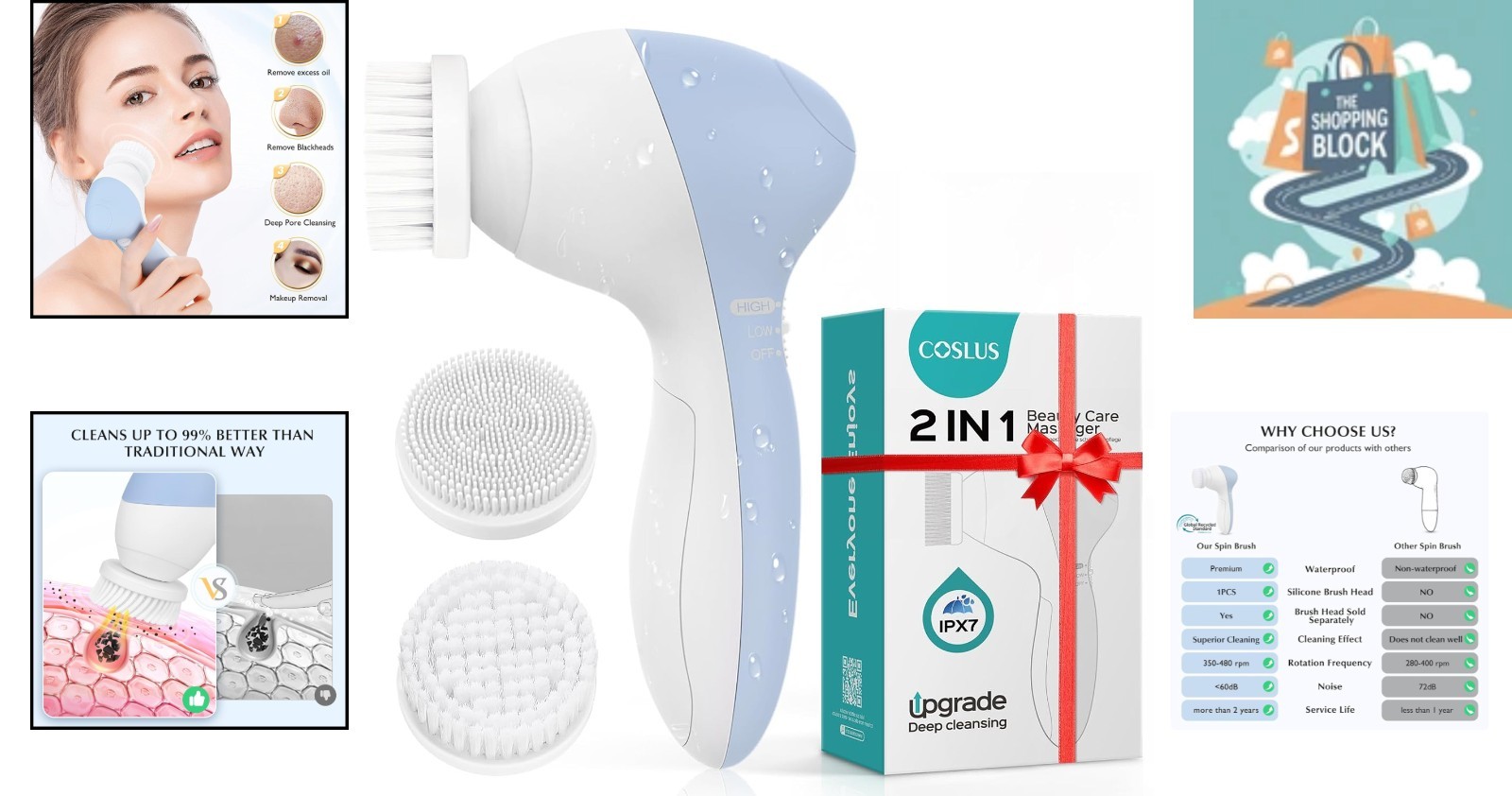 Blue Silicone 2-in-1 Electric Facial Cleansing Brush with 2 Heads