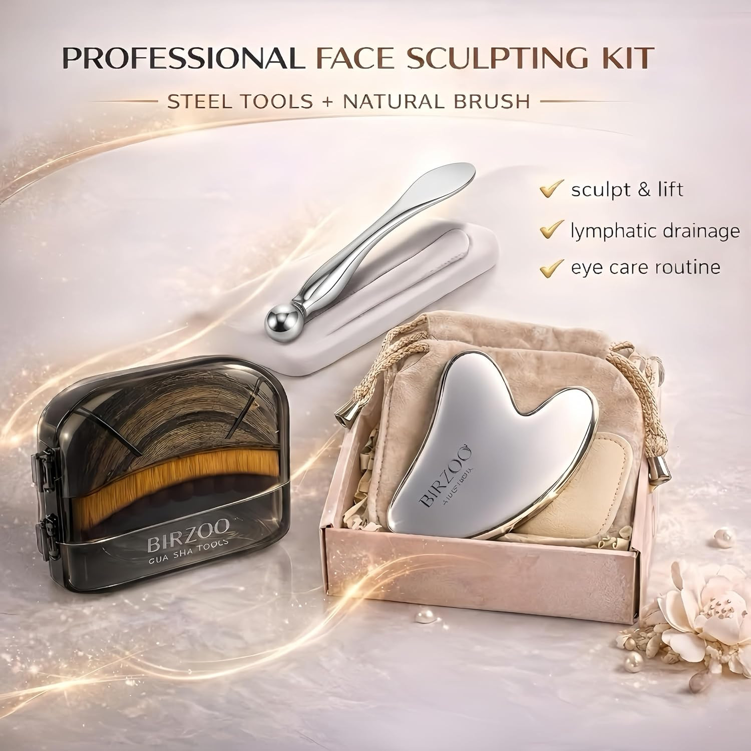 Gua Sha Tool for Face, Lymphatic Contour Face Brush & Massage Set | Thick Stainl