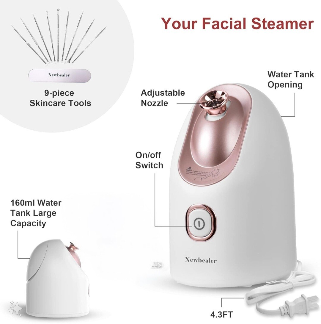 Newbealer Mini Aroma Face Steamer, Nano Ionic Hot Mist Humidifier, New Open-box