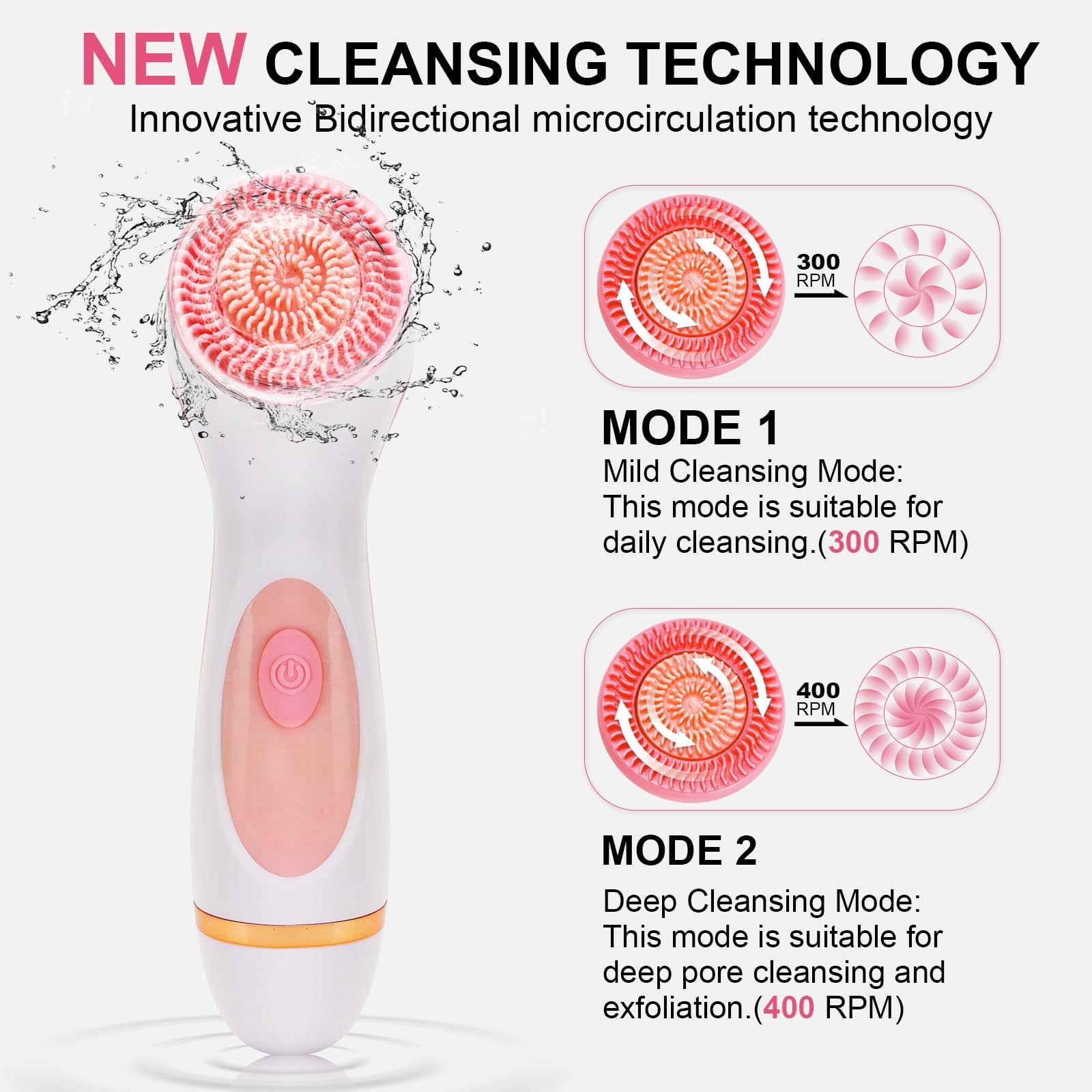 Facial Cleansing Brush, 3 in 1 Electric Face Scrubber with 3 Brush Heads Pink