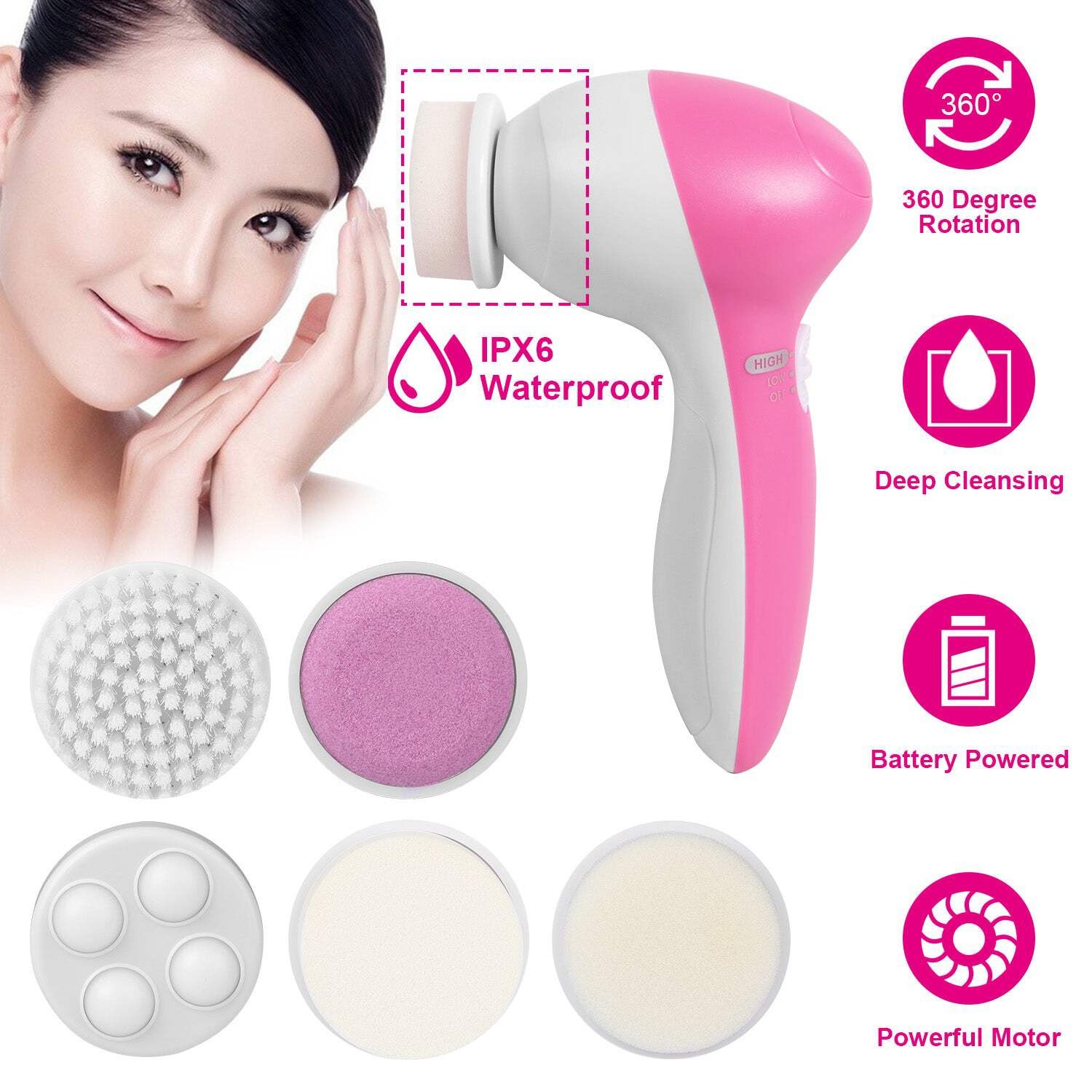 Facial Cleansing Brush Waterproof Face Spin Cleaning Brush with 5 Brush Heads De