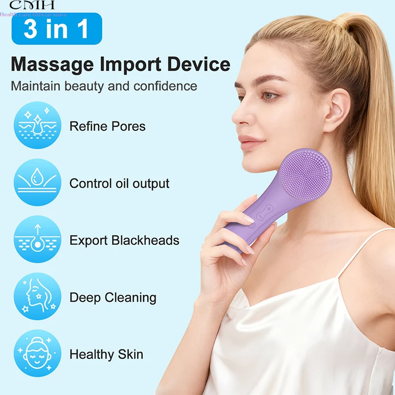 Silicone Face Scrubber 12000 RPM Sonic Vibration 3 in 1 Facial Cleansing & Massa