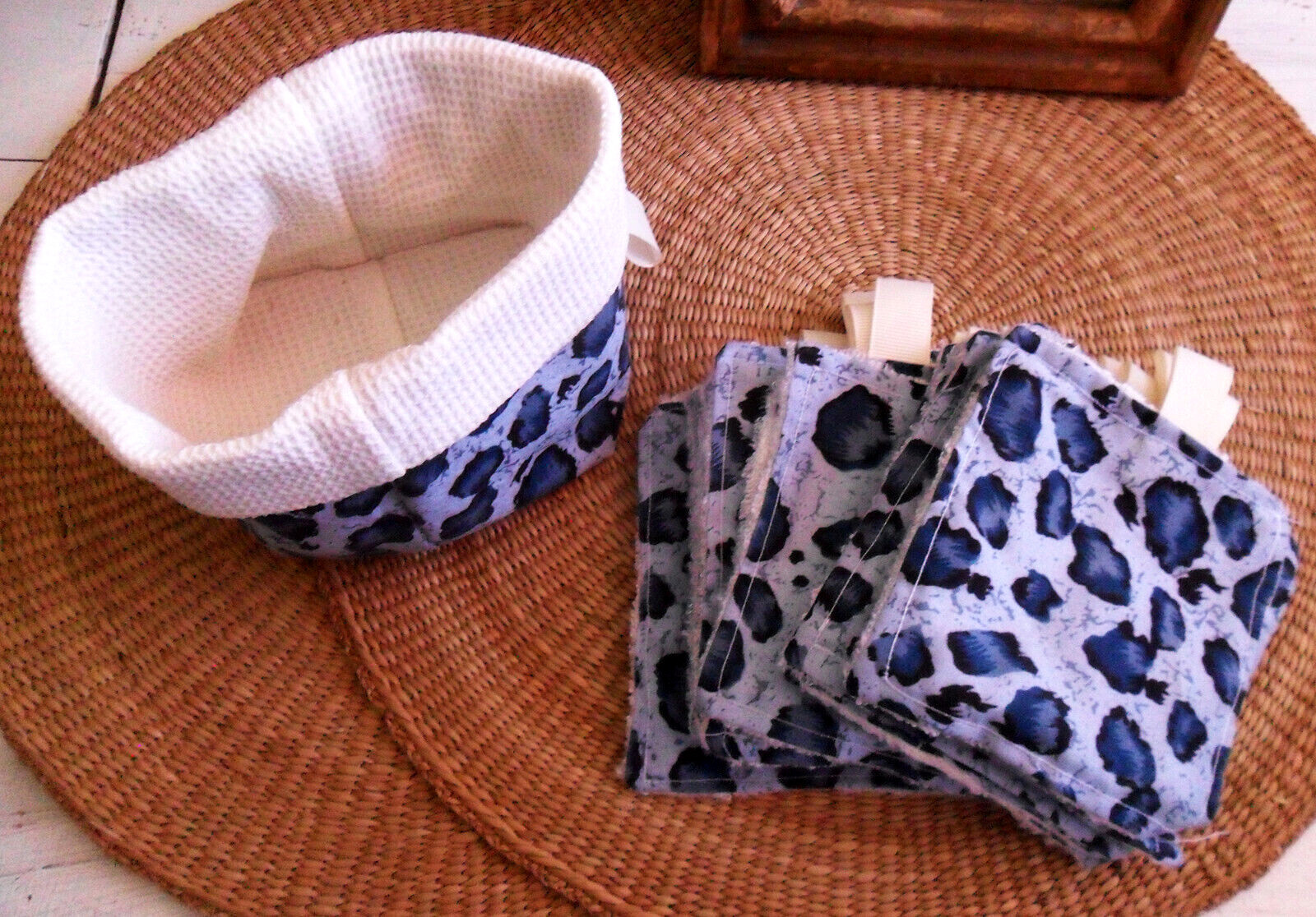 Handmade Reusable MAKEUP Removal PADS in Basket, Blue Leopard Print, Terry Cloth