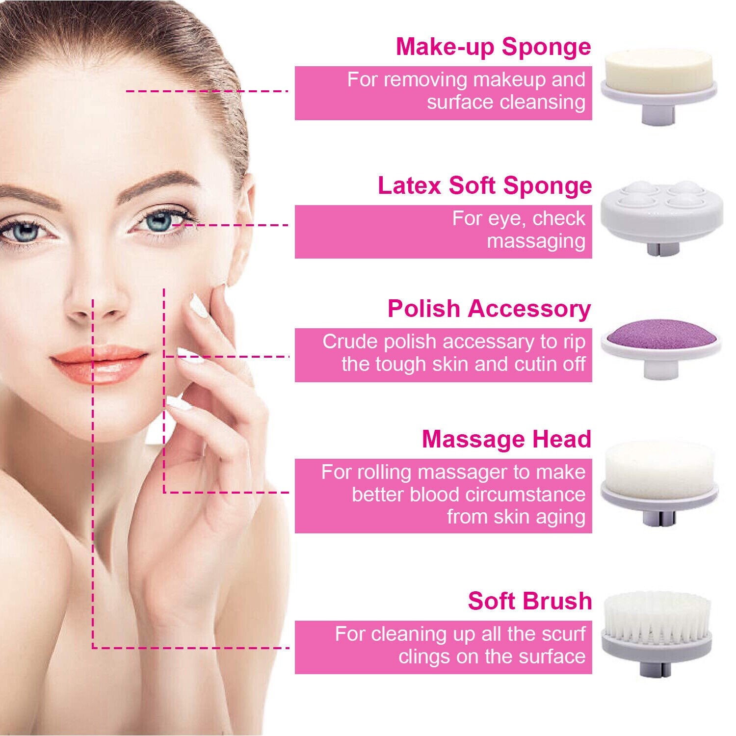 Electric Face Brush Cleaner 5 Detachable Face Cleansing Brushes NEW