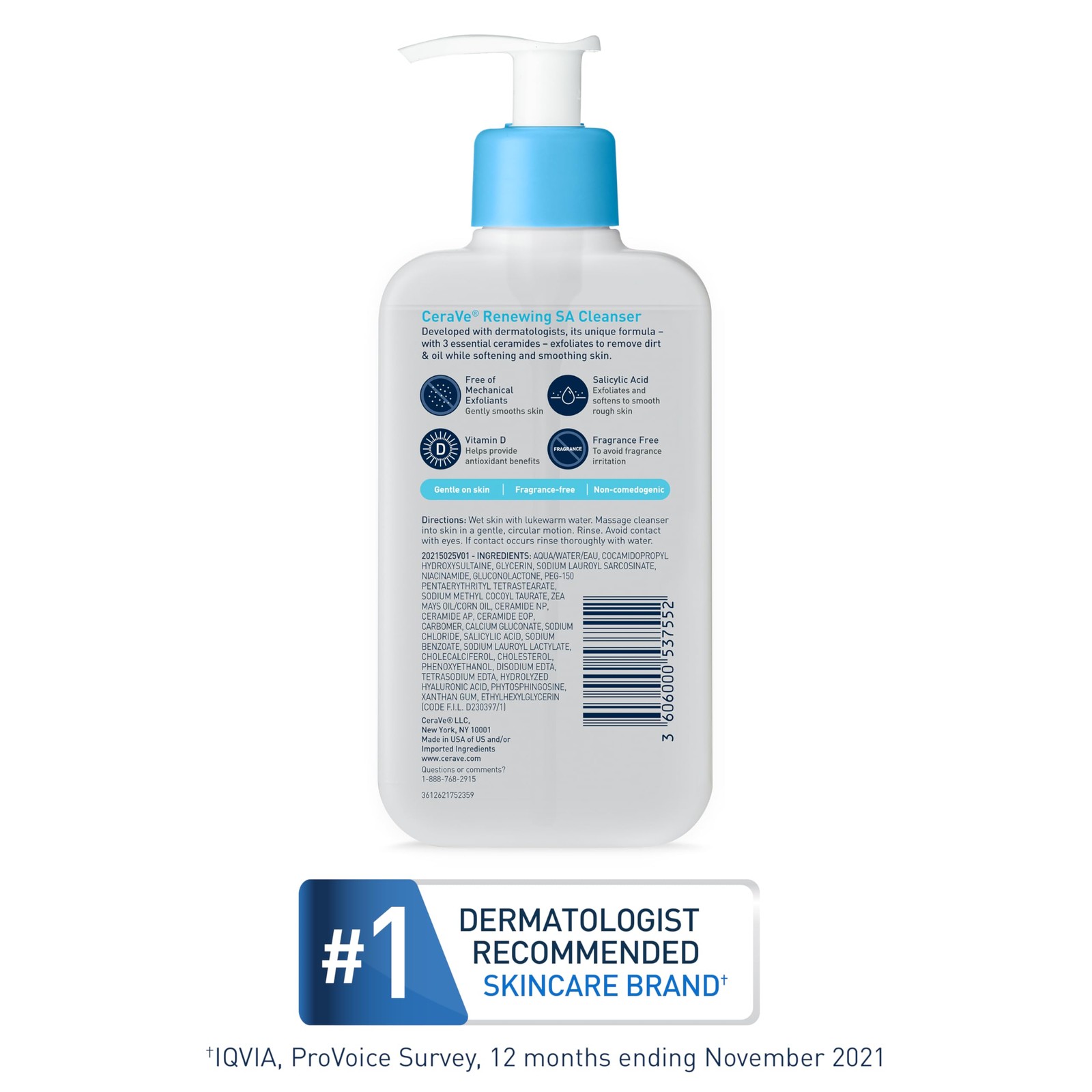 CeraVe Renewing Salicylic Acid Cleanser, 16 Fl Oz (Pack of 1), Clear