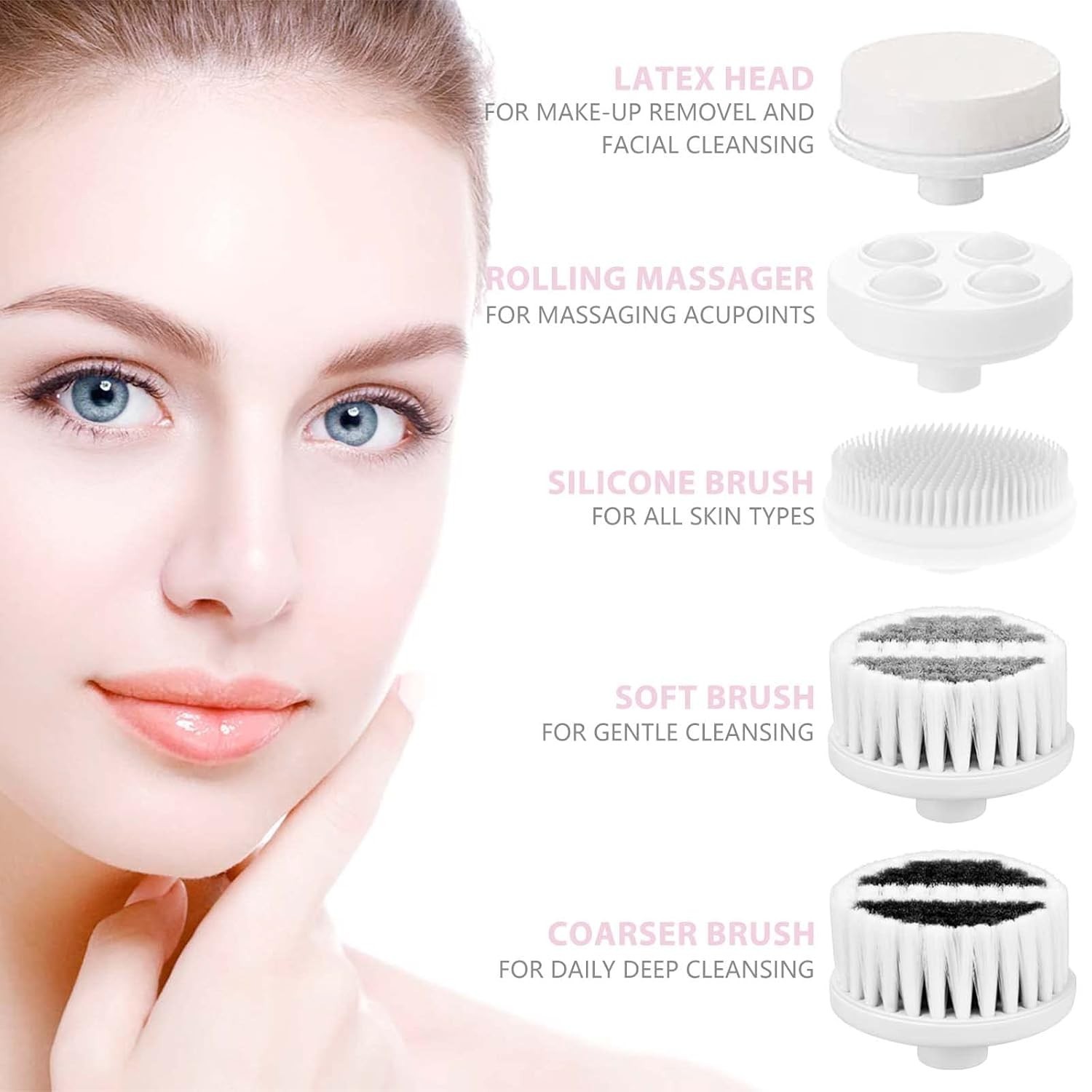 Waterproof Facial Cleansing Spin Brush Set with 5 Exfoliating Brush Heads – E…