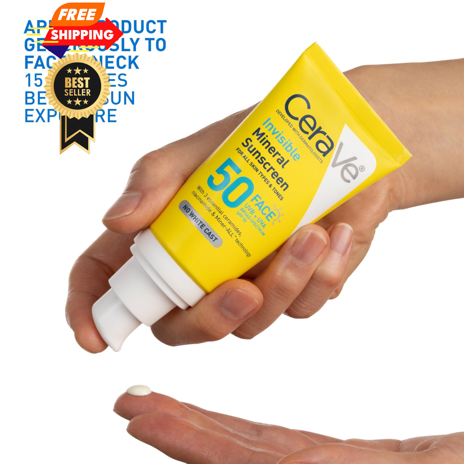 CeraVe Invisible Mineral Sunscreen SPF 50, Face 1.62 Fl Oz (Pack of 1), White