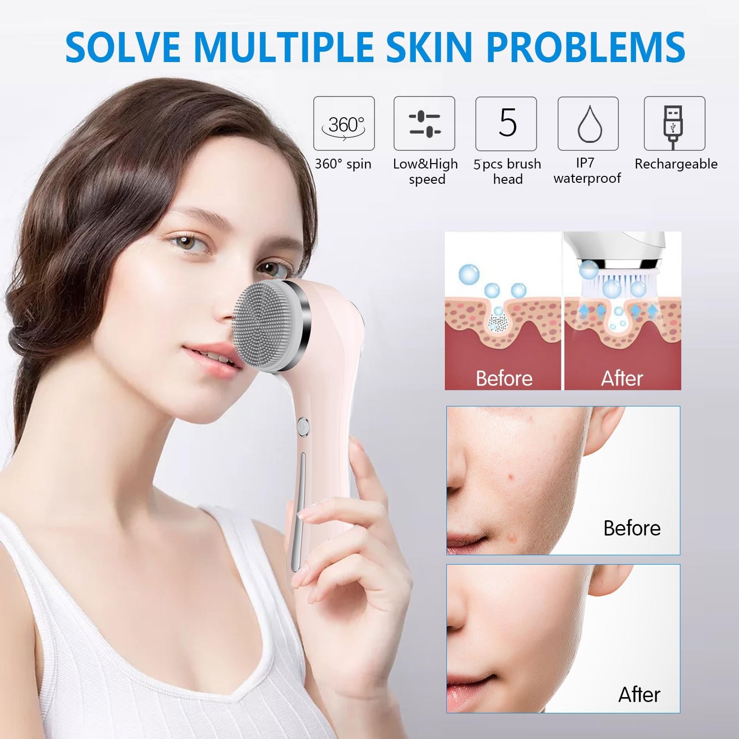 Facial Cleansing Brush, 2 in 1 Ｗaterproof IPx7 Facial Spin Scrubber Set with …