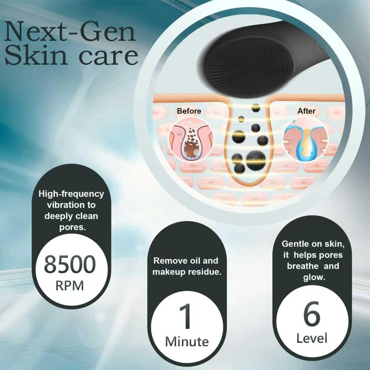Electric Facial Cleansing Brush – Silicone Face Scrubber, 6 Speed Vibration, Wat