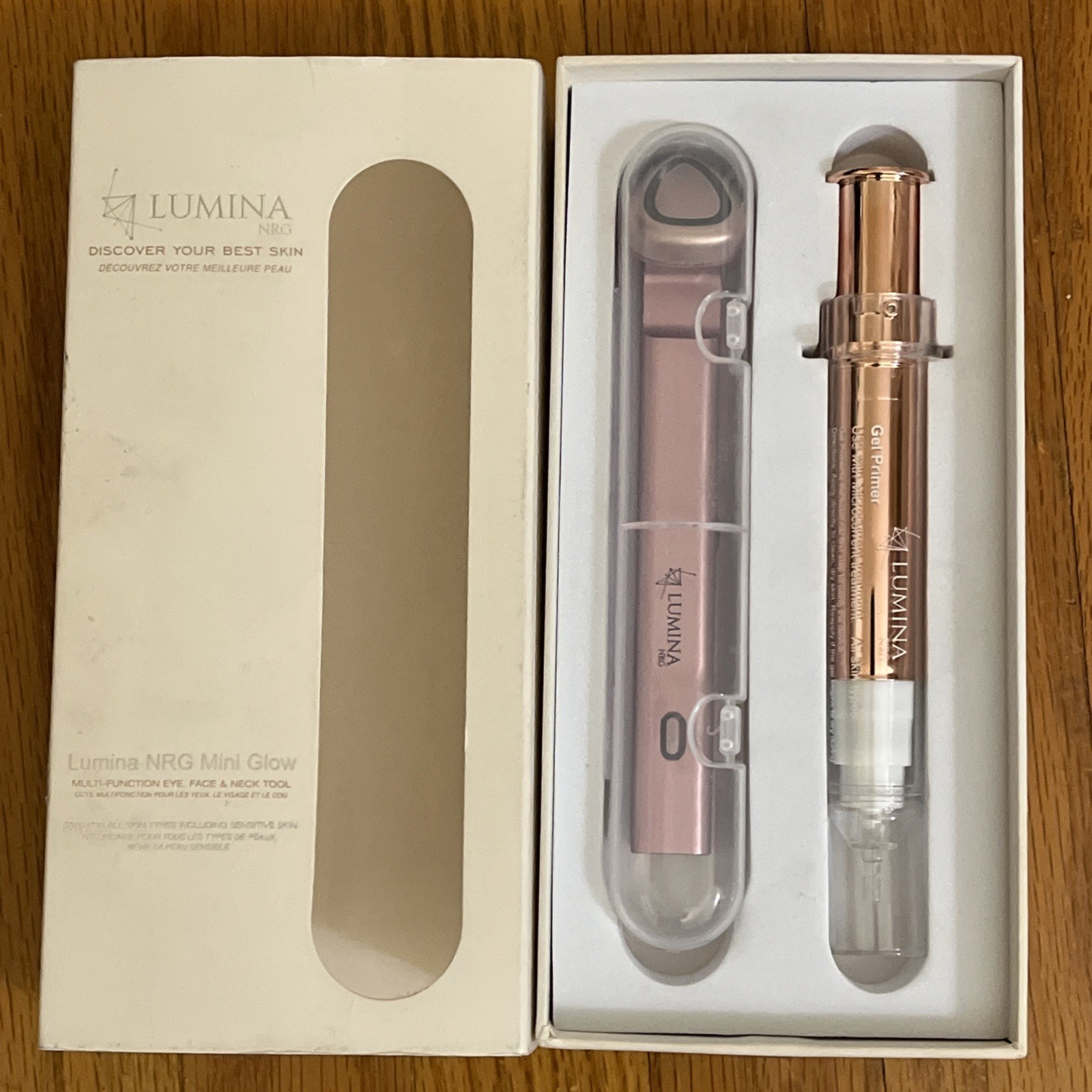 Lumina NRG Mini Glow multifunction eye face and neck tool + gel primer