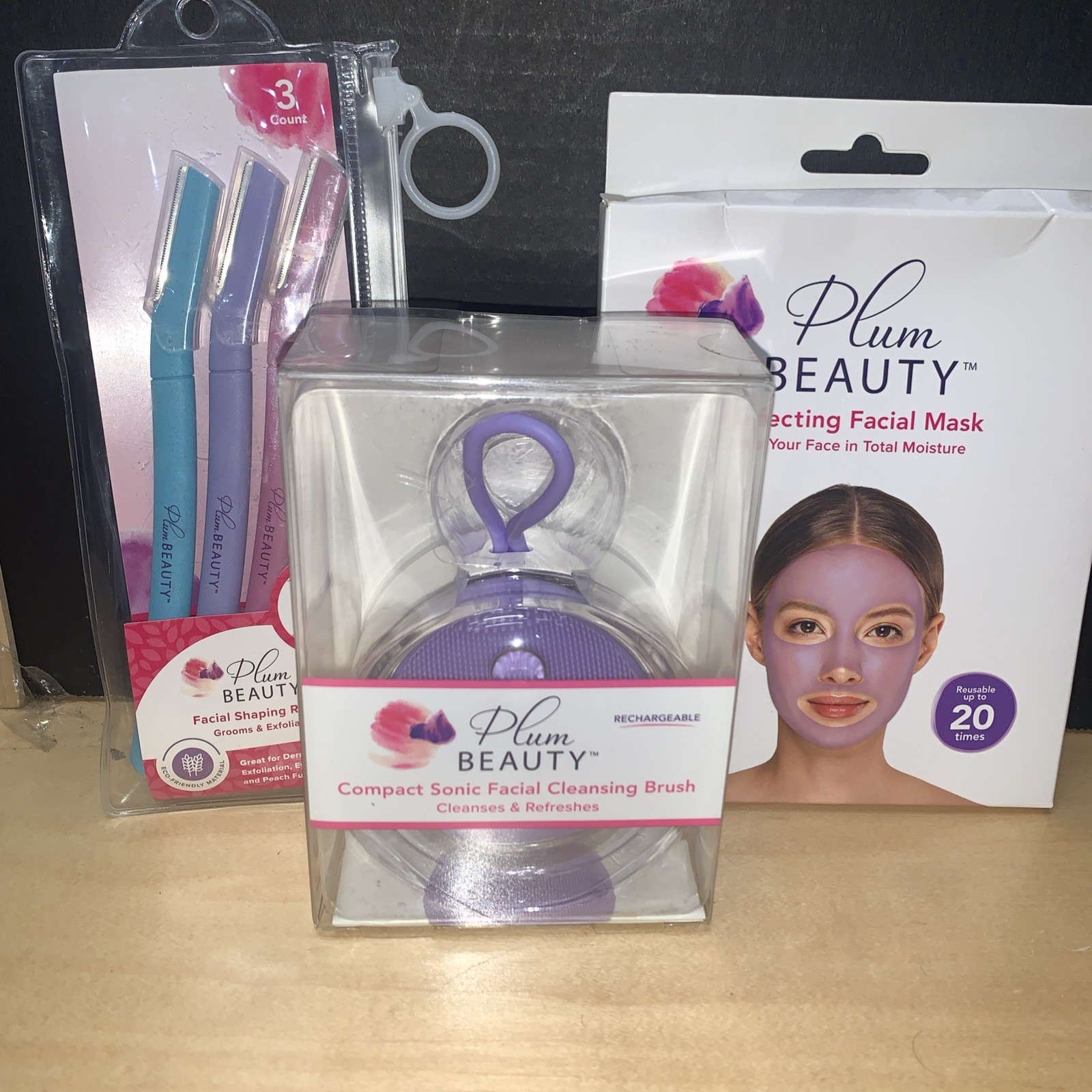 New Plum Beauty Purple Compact Sonic Facial Cleansing Brush Mask& Razors Lot