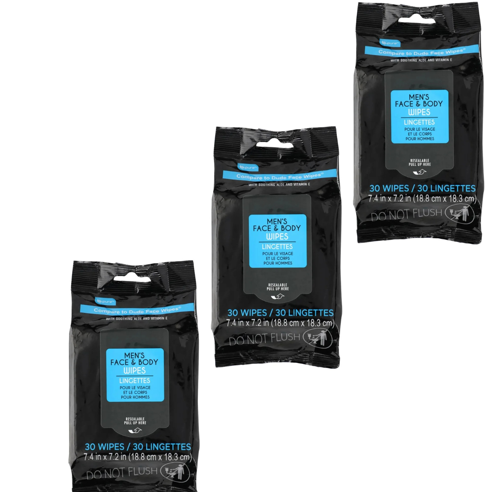 Men’s Face and Body Wipes with Aloe, 30-ct. Pack of 3