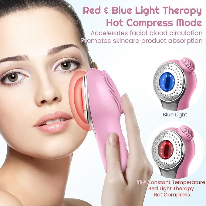 Silicone Face Scrubber, Waterproof Facial Cleansing Brush Red Light Massager