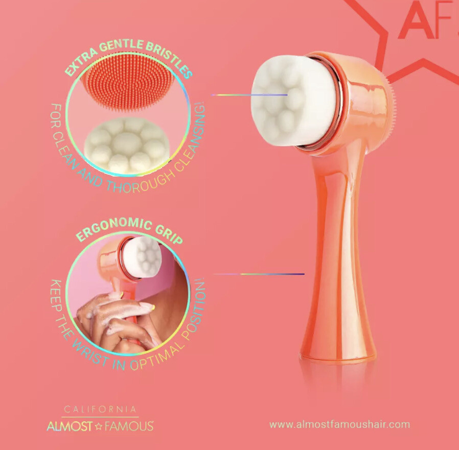 Almost Famous Cleanse It 2in1 Exfoliator Brush Extra Gentle Bristles Coral NIB