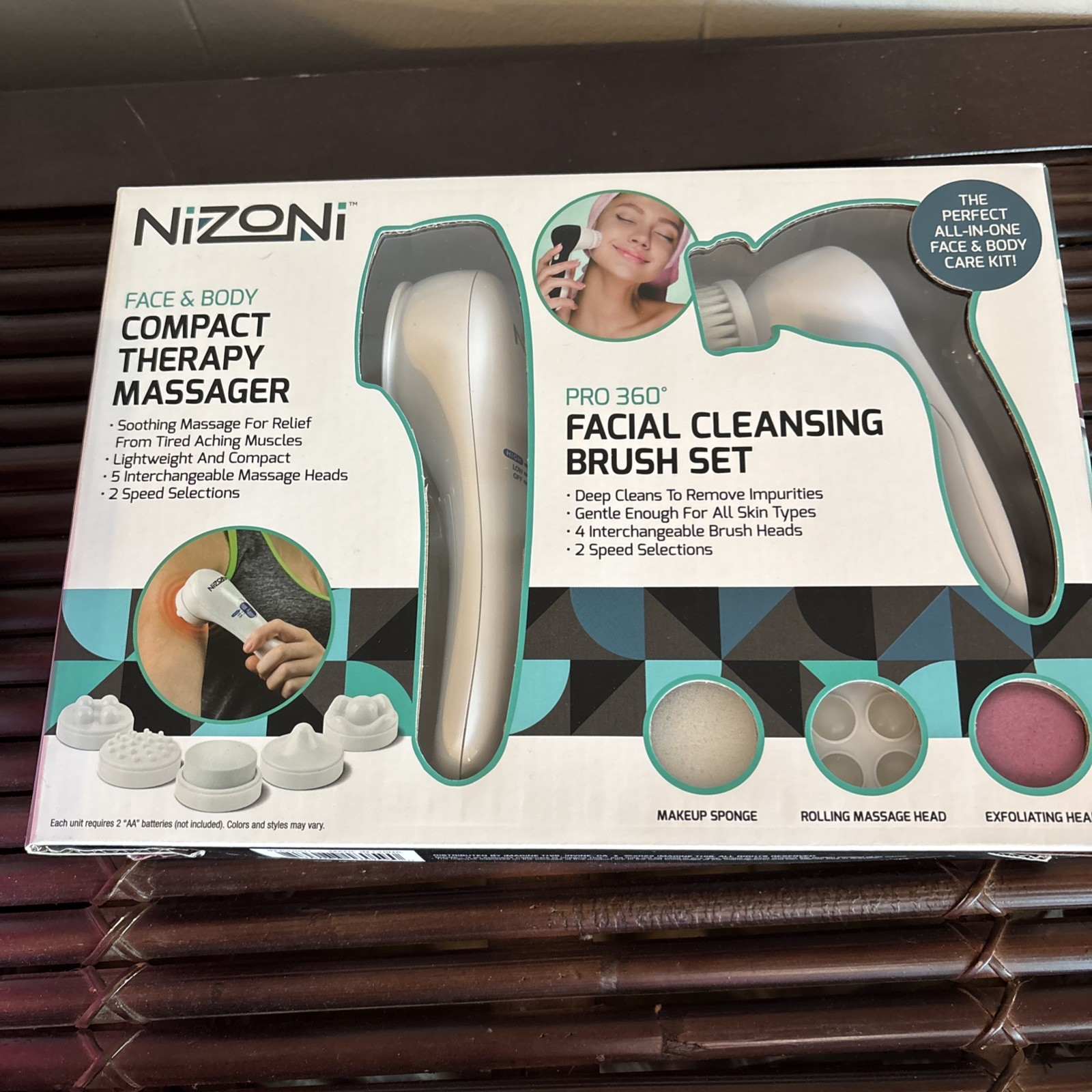 Nixon Face & Body Compact Therapy Massager & Facial Cleansing Brush Set New