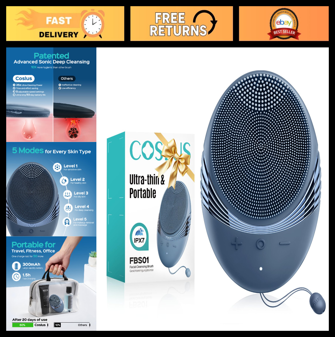 Portable Silicone Facial Cleansing Brush – Waterproof, Rechargeable, 5 Modes, De