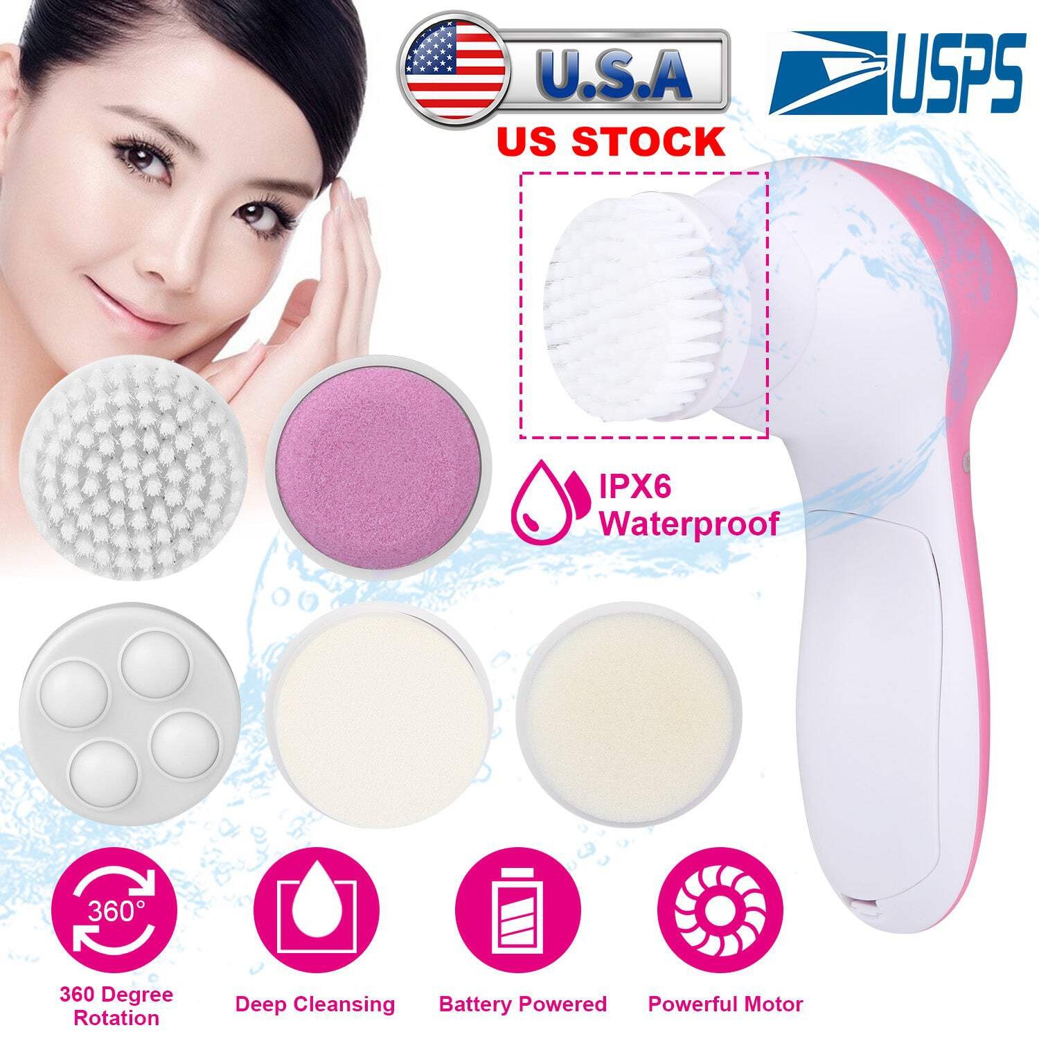 Facial Cleansing Brush Waterproof Face Spin Cleaning Brush with 5 Brush Heads De
