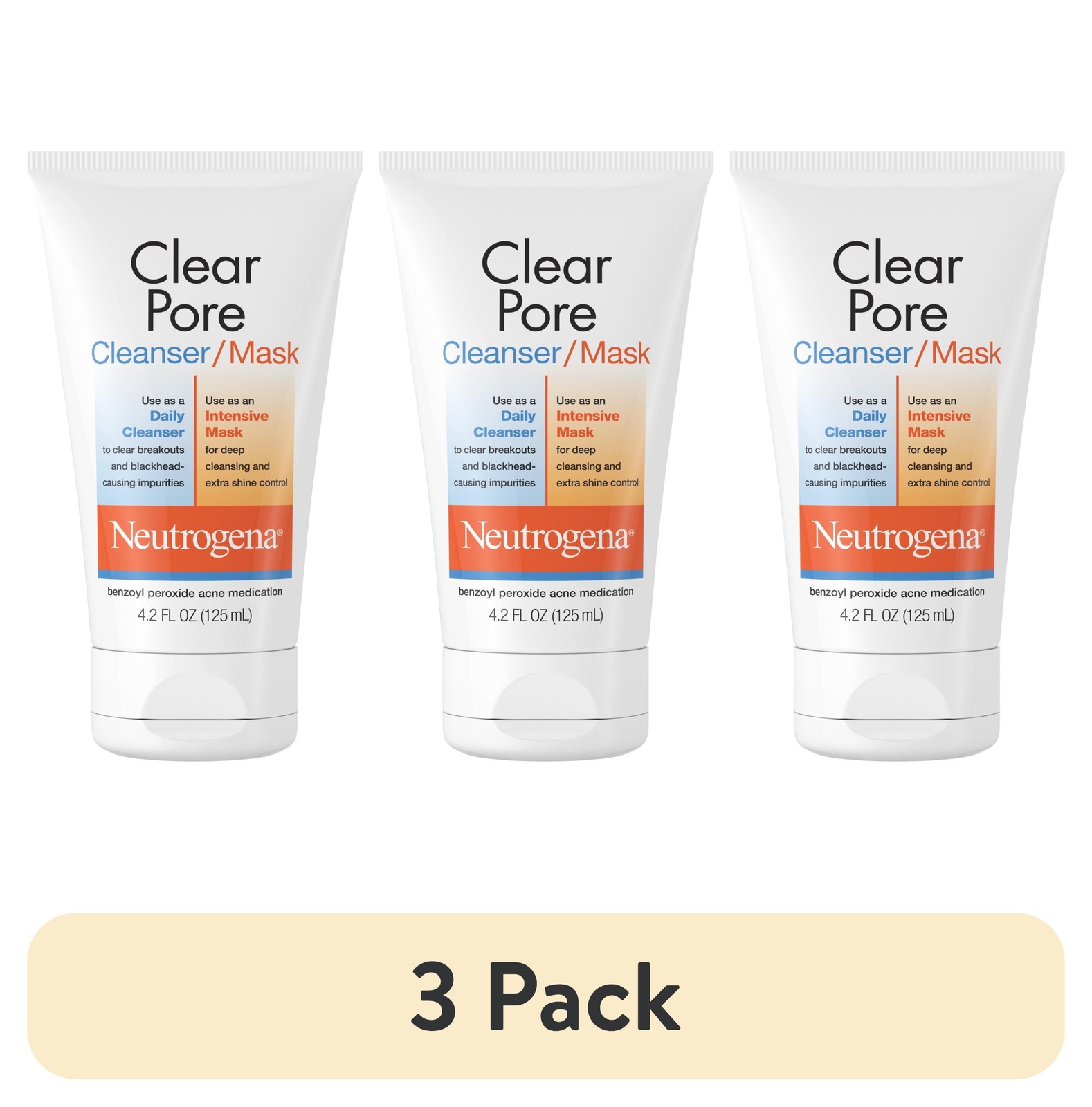 (3 pack) Neutrogena Clear Pore 3.5% Benzoyl Peroxide Face Wash & Acne Treatment