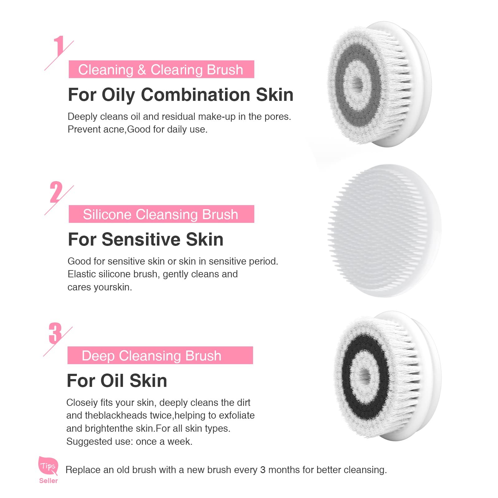Spin Brush Face Cleanser 3 Heads Deep Cleansing Exfoliating Massaging Tool